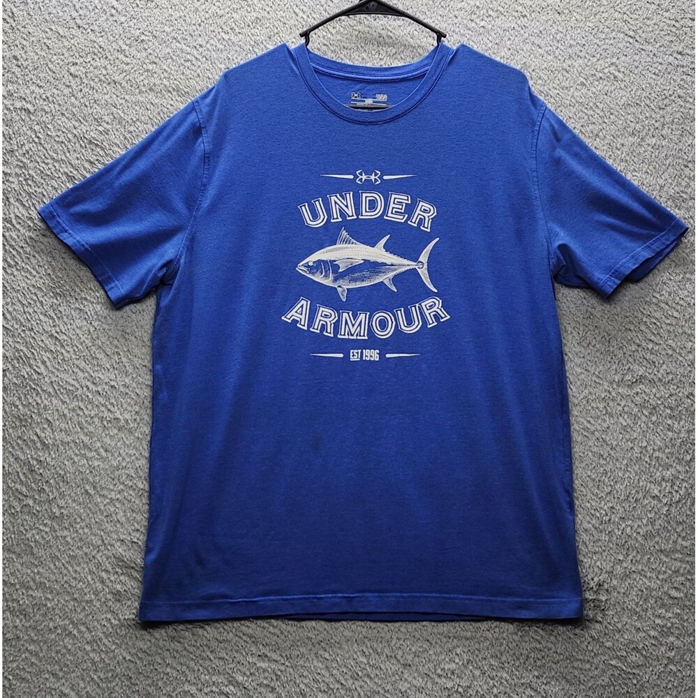 Under Armour Men's Large Blue Tuna Fish Graphic T-Shirt EST 1996 HeatGear Loose
